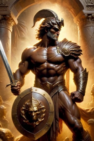 Magnificent Perseus, legendary hero of ancient Greece, stands poised with sword and shield, his chiseled features illuminated by warm golden light, as a rich, velvety chocolate figure begins to melt beneath him. The camera captures the scene in stunning high-definition, with meticulous attention to detail and compositional harmony. In the style of Boris Vallejo, the image exudes mythological grandeur, inviting the viewer to step into an realm of wonder and enchantment.