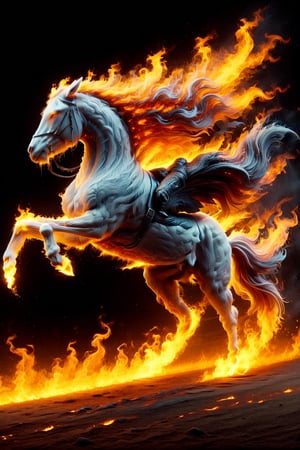 A majestic battlehorse gallops through a fiery inferno, flames engulfing its mane and tail as it rears up on hind legs, nostrils flared and ears laid back, amidst a backdrop of scorched earth and charred trees, the warmth of the blaze illuminating its muscular physique.,Headless Horseman,Mustang,faize,ElementFire