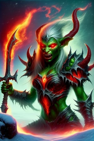 (Raw Photo:1.3) of (Ultra detailed:1.3) , (monster) World of Warcraft, goblin woman, fangs, green skin, red eyes, sword, torn clothes, fire, drool, goblin woman, cave, snow, red moon with red lightning background scene, realistic dark fantasy art,Highly Detailed,DonMW15pXL,DonMD34thKn1gh7XL