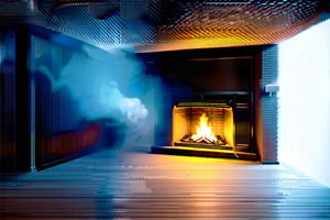 Masterpiece, best quality, Night, castle room with fireplace, fire beating in the fireplace, in the corner of the room, fog, smoke, gray-blue color, ghost-like, aesthetics, harmony, professional drawing, 3D render, 32K, ultra details, ultra colors