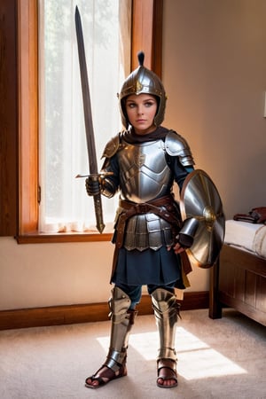 A young boy, clad in full armor, stands proudly indoors, his gaze fixed on a gleaming sword laid across the edge of his bed. Sunlight streams through a window, casting a warm glow and highlighting the intricate details of his helmet and gauntlets. A polearm leans against the wall, while a shield rests at his feet. Light rays dance across the room, illuminating the boy's determined expression as he readies for battle.