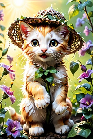 In 'Dawn's Radiant Awakening', a petite, anthropomorphic kitten with an endearing expression and fluffy whiskers, donning a miniature gardening hat, gently tends to a vibrant bouquet of morning glories in a lush, overgrown garden. The first rays of the sun peek above the horizon, casting a warm, golden light upon the scene. Every petal, every leaf, and every dew-kissed spider web is meticulously rendered in hyper-detailed, ultra-high definition, as if captured with precision from a macro lens.