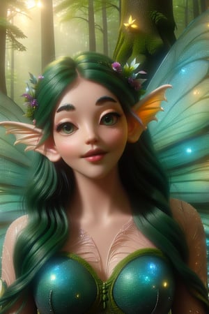 In a lush, verdant forest, a whimsical fairy stands amidst a tapestry of vibrant flora, her delicate features aglow in soft, ethereal light. Her big, beautiful eyes sparkle like gemstones, while her green hair flows like a river of emeralds, adorned with intricately woven flowers that seem to dance in the gentle breeze. The fairy's petite nose and plump cheeks give way to a mischievous grin, as if she's privy to a secret only the forest can share. Boris Vallejo-inspired fantasy art comes alive in this high-definition CGI masterpiece, showcasing the enchanting beauty of nature with meticulous attention to detail.,fairytale,tpgrtfiry,Fairy,DonMF41ryW1ng5XL