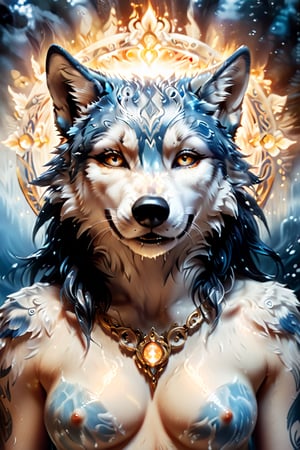 In this breathtakingly detailed piece, a tattooed girl stands at the center, bathed in an ethereal aura that seems to emanate from her very pores. Framing her is the majestic visage of a wolf, its blue fur glistening like polished steel or oil-slicked water. The eyes of the wolf burn with an inner light, radiating magical power and intensity. The artist's skillful brushstrokes evoke a three-dimensional quality, as if the wolf's fur might ripple in the air if disturbed. The tattooed girl appears serene amidst this mystical backdrop, her features illuminated by the soft glow that surrounds her like a halo.