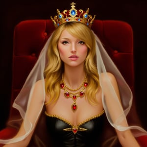 a fantasy princess surrounded by an atmosphere of luxury and magic. She wears an ornate crown adorned with blue and red gemstones that sparkle in the light. A white veil falls gently over her long, wavy blonde hair, adding mystery and sophistication to her look.

Around the princess's neck is a magnificent necklace with red stones set in gold, which emphasizes her royal status. Her outfit features a black corset with gold trim along the top edge that elegantly accentuates her figure.

A piece of red curtain or fabric can be seen in the background, creating the feeling of a rich interior, perhaps a throne room or royal chambers. The whole image of the princess radiates grandeur and grace, as if she had stepped out of the pages of a fairy tale.