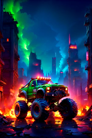 Raze the ruins: A behemoth of a monster truck, forged from twisted metal and fueled by fury, crashes through the desolate streets of a post-apocalyptic metropolis. Amidst the wreckage, a lone survivor grasps a rifle, eyes fixed on the horizon. The air is thick with the stench of decay as darkness descends, casting long shadows across crumbling skyscrapers. In this ultra-detailed, UHD-worthy scene, gunmetal gray and rust red tones dominate, punctuated by flashes of neon green from twisted wiring. приглушенное освещение plunges the viewer into a world of perpetual twilight, where only the strongest will survive.