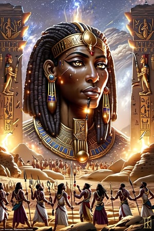 Ancient Egyptian Style, masterpiece, best quality, Her husband Yahhotep dies in the struggle, but even this terrible grief cannot break her. The queen entrusts command of the troops to her eldest son. Kames will become pharaoh in place of his dead father. Together with him, Yakhhotep wins victory after victory, despite the betrayal of yesterday's subjects, friends, and loved ones. But the invaders are still confident in their invincibility. Although, perhaps, their serenity is just a trick, and they are preparing a trap for Yahhotep, beautiful, aesthetically pleasing, harmonious, CGI, 1024K,style,concept,fantasy