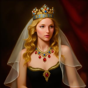 a fantasy princess surrounded by an atmosphere of luxury and magic. She wears an ornate crown adorned with blue and red gemstones that sparkle in the light. A white veil falls gently over her long, wavy blonde hair, adding mystery and sophistication to her look.

Around the princess's neck is a magnificent necklace with red stones set in gold, which emphasizes her royal status. Her outfit features a black corset with gold trim along the top edge that elegantly accentuates her figure.

A piece of red curtain or fabric can be seen in the background, creating the feeling of a rich interior, perhaps a throne room or royal chambers. The whole image of the princess radiates grandeur and grace, as if she had stepped out of the pages of a fairy tale.