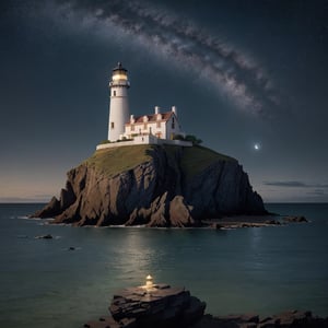 a stunning vintage illustration of a majestic lighthouse perched on a rocky island. The lighthouse emits golden light, casting a beam into the night sky against the backdrop of a calm ocean under a starry sky softly illuminated by moonlight. The lighthouse has antique and intricate design elements. The image is framed with a blue-green lapis lazuli frame with irregular shapes.