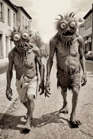 Monsters on a walk, Pixart studio, old, shabby photos, with broken corners, sepia, photorealism, hyperrealism, professional photo, ultrarealism