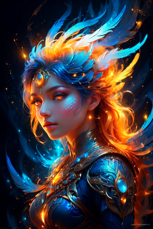 A captivating digital art piece featuring a mysterious figure with their face purposefully hidden. The figure boasts intricately detailed, swirling hair in shades of blue and white, creating an impression of stylized waves. Behind the figure's head, there is a glowing, circular element reminiscent of a halo, with a bright orange color that contrasts with the cool tones of the hair. A wing-like structure, resembling feathers or a similar texture, glows with an orange-yellow hue and extends from one side of the figure. The dark background emphasizes the figure and its radiant elements. The central part of the face is deliberately blurred for reasons of privacy or artistic intent. This visually stunning image evokes dark fantasy, vibrant colors, and a cinematic feel, suitable for a poster, painting, or conceptual art piece.