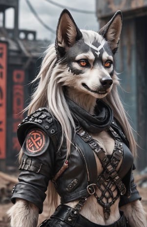 closeup  yōkai-e, of loona hellhound , wearing post apocalyptic outfit  postapocalyptic background ,yōkai-e, knotwork, runes, Loona