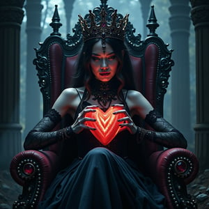 A majestic woman sits upon a throne, her slender fingers cradling a glowing heart as dark shadows dance across her figure. The intricate black crown on her brow is adorned with mystical patterns, casting an aura of foreboding. Gothic spires loom behind her, merging the realms of fantasy and despair. Heart machines hum to life beside her, their pulsing lights illuminating her sapphire-encrusted tiara. With an enigmatic presence, she embodies an evil princess from a desolate wasteland, exuding haunting beauty in this official art print.