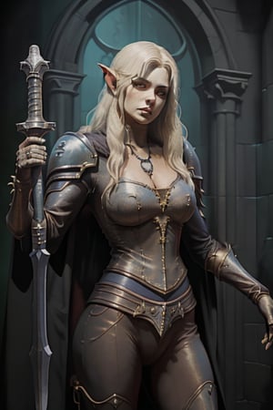 a woman dressed in armor holding a sword, sylvanas windrunner, 2. 5 d cgi anime fantasy artwork, character design : : gothic, 3 d render of a full female body, pale pointed ears, male rogue, the empress’ hanging, unclad, leblanc, promotional images, 32K, fantasy art,nodf_lora,th1nsh1rtng,ploysri,Futa