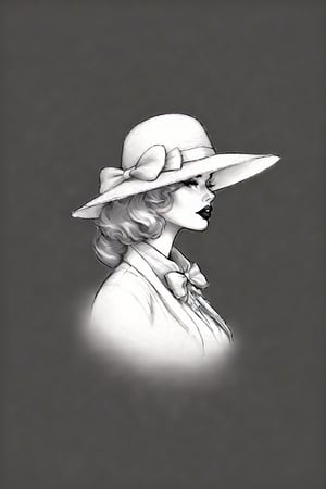 a sketch of a woman wearing a hat with a bow, in the style of paleocore, poodlepunk, michelangelo, hazy, nene thomas, sculpted, lit kid