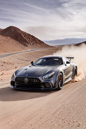 A gunmetal grey Mercedes AMG GT Black Series blasts down a deserted desert highway, kicking up a cloud of dust in its wake. The car is captured in a moment of exhilarating speed, with motion blur emphasizing its dynamic lines and powerful engine. Extremely Realistic