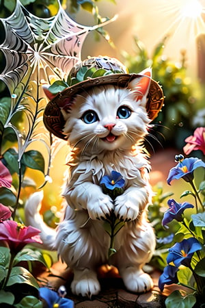 In 'Dawn's Radiant Awakening', a petite, anthropomorphic kitten with an endearing expression and fluffy whiskers, donning a miniature gardening hat, gently tends to a vibrant bouquet of morning glories in a lush, overgrown garden. The first rays of the sun peek above the horizon, casting a warm, golden light upon the scene. Every petal, every leaf, and every dew-kissed spider web is meticulously rendered in hyper-detailed, ultra-high definition, as if captured with precision from a macro lens.