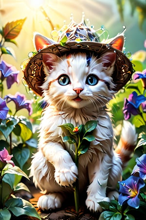 In 'Dawn's Radiant Awakening', a petite, anthropomorphic kitten with an endearing expression and fluffy whiskers, donning a miniature gardening hat, gently tends to a vibrant bouquet of morning glories in a lush, overgrown garden. The first rays of the sun peek above the horizon, casting a warm, golden light upon the scene. Every petal, every leaf, and every dew-kissed spider web is meticulously rendered in hyper-detailed, ultra-high definition, as if captured with precision from a macro lens.