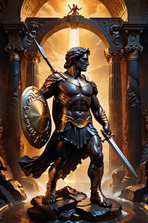 A captivating high-definition photo illustration of the legendary Greek hero Perseus, standing triumphantly with his sword and shield. The warm golden light accentuates his chiseled features and illuminates the surrounding area. In the foreground, a velvety chocolate figure begins to melt beneath his feet, adding a striking contrast to the scene. This spectacular image, styled after the work of Boris Vallejo, transports viewers into a world of mythical grandeur and mystique. The meticulously crafted details, compositional harmony, and dark fantasy theme make it a striking poster, painting, or 3D render that invites further contemplation and admiration., poster, painting, conceptual art, photo, architecture, typography, 3d render, vibrant, dark fantasy, cinematic, illustration