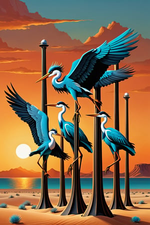 A whimsical oil rig landscape by 'Caricature Worlds' features majestic, feathered herons rising from the desert sand, their slender legs transformed into towering derricks. Vibrant plumage in shades of turquoise, orange, and yellow wraps around the rigs, as if infused with an otherworldly energy. The setting sun casts a warm glow, illuminating the fantastical scene.,FuturEvoLabBadge
