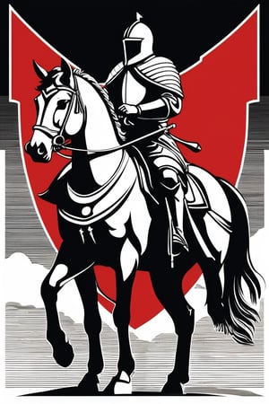 A striking illustration of a heraldic shield featuring a knight on horseback, rendered in a linear style with black outlines on a red background. The knight wears medieval armor and a closed helmet, with delicate twists mimicking a cloak and elements of his attire. The armored horse is in a dynamic pose, lifting its front legs, adding movement to the image. A ribbon beneath the shield reads "Korsow." This captivating piece showcases elements of dark fantasy, cinematography,