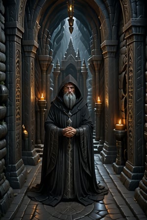 A haunting Edward Gorey-inspired illustration: a hooded black-robed monk kneels before an ancient marble altar, hands clasped in fervent prayer. Dim candlelight casts eerie shadows on worn stone floor, inviting depth and intrigue. The partially obscured monk's face conveys contemplation and spirituality. In the darkness, mystical typography weaves a spell, beckoning viewers to enter the enigmatic world of the black-robed monk, where secrets and mysteries lurk in every crevice, much like the hidden realms of Dwarves in dark fantasy lore.,Dwarves