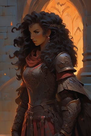 Within a dimly lit, misty courtyard of a foreboding Gothic castle, a young lady warrior emerges from the shadows. Her raven tresses flow like a waterfall down her back, as she dons futuristic armor adorned with metallic scales and supple leather straps. The warm glow of torches casts long shadows across the stone flags, while the dark silhouette of the castle looms behind. In this 3D render, Rococo-inspired curves and ornate details dance across the warrior's suit, blending medieval mystique with modern ingenuity.