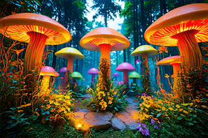A whimsical, surreal interior space filled with towering, fantastical mushroom-shaped forms in a vibrant palette of earthy tones and iridescent hues.
Imagined in the style of the visionary Austrian artist and architect Friedensreich Hundertwasser, the space exudes a sense of organic wonder and playful, biomorphic elegance.
The viewer is transported into a dreamlike, enchanted realm where the boundaries between nature and design blur, evoking a sense of curiosity and delight.
