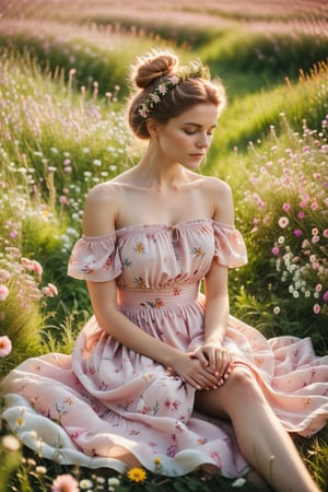 Soft focus captures the serene scene: a young woman sits amidst a sea of wildflowers, her hands deftly weaving a wreath of blooms. She wears a delicate light pink and white off-the-shoulder dress adorned with printed flowers, perfectly complementing her rosy locks gathered in a high bun, with loose strands framing her face. Summer sneakers clad her legs, while the warm sunlight casts a gentle glow on her peaceful pose amidst the vibrant meadow.