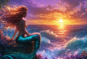 
Mermaid sitting on a rock, eyes closed, hair flowing in the wind, vibrant sunset casting golden hues, shimmering fins reflecting light, intricate scales sparkling, ethereal ambiance reminiscent of Anne Stokes, surreal underwater flora surrounding, whimsical waves softly crashing, dreamy color palette blending oranges and purples, delicate brushwork enhancing textures, airy clouds framing the scene, fantasy art evoking a mystical realm.,digital painting