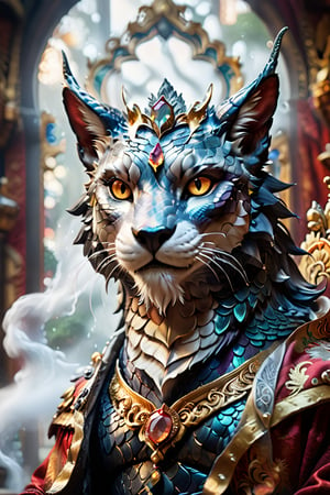 A surreal double exposure shot: A majestic dragon's head rises from a swirling mist, its scales glistening like polished gemstones. In the foreground, a regal cat monarch sits atop a throne, surrounded by ornate jewels and tapestries. The camera captures both subjects in crisp focus, with subtle depth cues guiding the viewer's eye. The 8K resolution renders every whisker, scale, and fiber with hyper-realistic precision, as if the scene is unfolding before us.