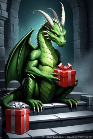 a green dragon sitting on top of steps , by Anne Stokes, (( Black bunny внизу ступенек идет домой)) , Dragon holding gift,  стоковое фото, new year wrapped presents, profile picture 1024px, discord pfp,  