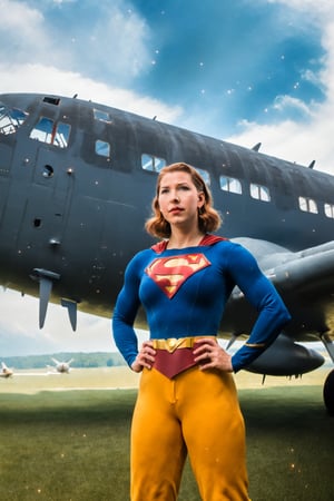 a woman standing in front of an airplane, he looks like tye sheridan, armored dieselpunk wardrobe, wearing a fisher 🧥, from overlord, dust clouds | homoerotic, nicholas cage as superman, midsommar color theme, full-cosplay, by Christopher Wood, eyecandy