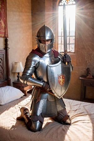 1boy, weapon, male focus, sword, indoors, armor, bed, sunlight, helmet, polearm, gauntlets, shield, light rays, sunbeam, knight, full armor