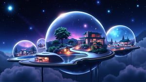 An illustration of a spherical hotel in orbit called "Cosmic Retreat." The hotel has transparent walls that showcase the starry sky. Inside the hotel, there are anti-gravity beds floating in serene cabins. There is a lush zero-gravity garden with bioluminescent plants. There are flowing display screens mapping the cosmos. There are panoramic observation decks for meteor showers. There is a unique "space menu" in a futuristic cafe. The hotel uses eco-friendly technology to recycle water and air. There are immersive virtual tours to distant planets.,vibrant painting,noc-isometric