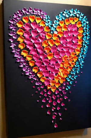 (Innovative and original abstract photograph:1.4), made of (multi-colored heart petals falling onto a black canvas:1.3) and (making up a perfect heart silhouette:1.4), neon light, amazing artwork, serendipity art, sharp focus, intricate details, highly detailed, by God himself, ADD MORE DETAIL,glitt3r