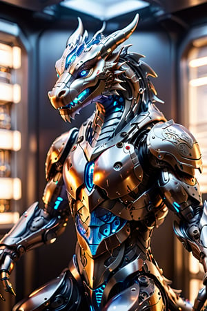 In a sleek, high-tech laboratory setting, a majestic anthropomorphic cyborg dragon sits proudly on a pedestal, its metallic scales glistening under precise spotlights. The dragon's anatomic features are meticulously rendered in ultra-high definition, with intricate robotic appendages and glowing blue circuits visible beneath translucent skin. Its piercing gaze is framed by sharp, angular cheekbones and a sharp jawline, as if surveying its futuristic domain. The surrounding environment is a masterpiece of industrial design, with gleaming metal surfaces, glowing fiber optics, and precision-crafted machinery creating a symphony of textures and reflections.
