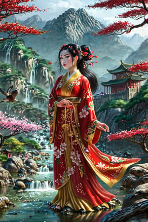 A girl wearing traditional Chinese Hanfu, a red dress with floral patterns, long black hair, and an exquisite hairstyle. The girl stands surrounded by flowers and trees. With mountains and rivers as the background, real Chinese style landscape - Mountain and Water