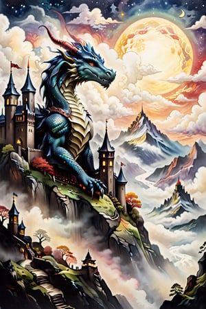A majestic masterpiece depicting a regal dragon perched atop a misty mountain, where clouds swirl and twinkling stars dot the celestial canvas. Below, a centuries-old gothic castle stands sentinel, its turrets and towers reaching towards the mystical realm. The surrounding landscape is alive with subtle shading and vibrant hues, achieved through meticulous application of colored pencils and felt-tip pens.