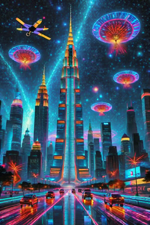 A futuristic metropolis rises against a star-speckled night sky, where skyscrapers resembling crystalline spires pierce the heavens. Vibrant light panels etch mesmerizing patterns on buildings, radiating a kaleidoscope of colors. Below, aerial vehicles - flying cars and drones - navigate the streets, casting an otherworldly glow. The city's neon-hued landscape is set against a celestial canvas, as if plucked from the vivid imagination of Sidney Medley's futuristic masterpieces., lowkey portrait of,Ap0l0gr4ph1c