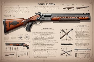 board with a detailed assembly instruction of a double barrel sawn off shotgun, written descriptions, arrows and sketches