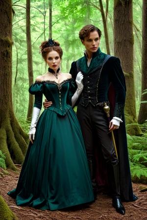 In the style of dark fantasy art, an elegant couple stands amidst a mysterious forest. Victorian style clothing, The mistress exudes an aura of cunning, embodying the essence of the seven sins, while her male servant gazes onward with unwavering loyalty. Rendered with intricate detail, the scene captures a conniving ambiance, inspired by the art of Eric Parker.