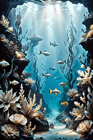 in the depths of the ocean, monochrome landscape with plants and fish, in luminescent blue tones
