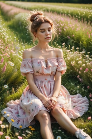 Soft focus captures the serene scene: a young woman sits amidst a sea of wildflowers, her hands deftly weaving a wreath of blooms. She wears a delicate light pink and white off-the-shoulder dress adorned with printed flowers, perfectly complementing her rosy locks gathered in a high bun, with loose strands framing her face. Summer sneakers clad her legs, while the warm sunlight casts a gentle glow on her peaceful pose amidst the vibrant meadow.