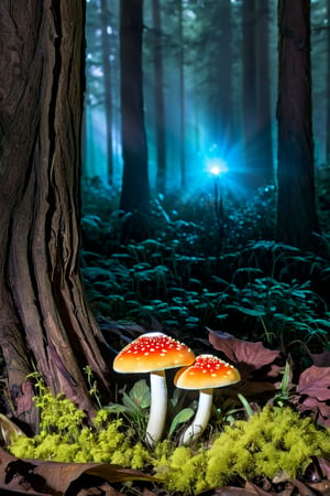 Luminescent mushrooms illuminate a mystical forest floor, casting an ethereal glow on the surrounding flora and fauna. The intricate patterns and vivid colors of high fashion garments create a mesmerizing tapestry of opulence and elegance, each detail carefully designed to captivate the beholder. Whether it's the iridescent sheen of fabric or the precision of embellishments, every element exudes a stunning level of intricacy and craftsmanship., illustration, fashion, conceptual art, wildlife photography