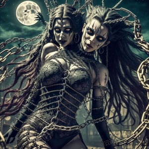 LegendDarkFantasy,DonMB4nsh33XL, With a hauntingly beautiful face and a body adorned with chains and spikes, the gothic demon girl dances under the moonlight, her movements both alluring and terrifying. style Boris Vallejo, masterpiece, cgi, hq, 1024K,realistic,mona,green theme