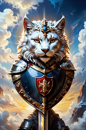 A striking digital artwork featuring a valiant silver cat, defying gravity while standing tall against a deep blue sky. The cat holds a gleaming sword and shield in its paws, reflecting its courage, determination, and combat skills. Atop the shield, a majestic golden helmet with feathers stands proudly, highlighting the cat\'s noble and knightly lineage. A golden crown rests above the helmet, emphasizing the cat-knight\'s power, dignity, and leadership qualities.\n\nSurrounding the shield, two powerful and regal silver lions stand guard on either side, showcasing their unwavering strength and support for their fearless comrade. This captivating and cinematic image is a breathtaking blend of vibrant colors, conceptual art, and dark fantasy elements, evoking a sense of wonder and awe. The overall composition is a stunning 3, dark fantasy, photo, painting, cinematic, 3d render, illustration, conceptual art, vibrant, poster, product