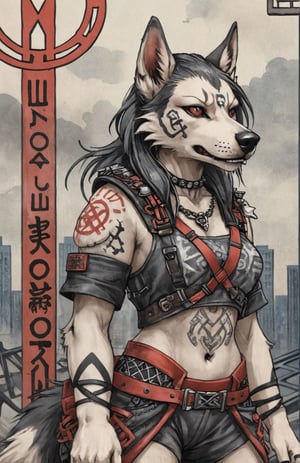 closeup  ukiyo-e, of loona hellhound , wearing post apocalyptic outfit  postapocalyptic background ,Ukiyo-e, knotwork, runes, Loona