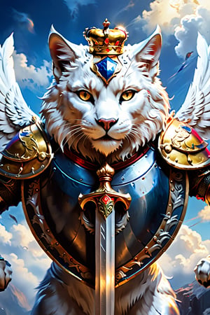 A striking digital artwork featuring a valiant silver cat, defying gravity while standing tall against a deep blue sky. The cat holds a gleaming sword and shield in its paws, reflecting its courage, determination, and combat skills. Atop the shield, a majestic golden helmet with feathers stands proudly, highlighting the cat\'s noble and knightly lineage. A golden crown rests above the helmet, emphasizing the cat-knight\'s power, dignity, and leadership qualities.\n\nSurrounding the shield, two powerful and regal silver lions stand guard on either side, showcasing their unwavering strength and support for their fearless comrade. This captivating and cinematic image is a breathtaking blend of vibrant colors, conceptual art, and dark fantasy elements, evoking a sense of wonder and awe. The overall composition is a stunning 3, dark fantasy, photo, painting, cinematic, 3d render, illustration, conceptual art, vibrant, poster, product