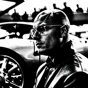 solo, 1boy, monochrome, greyscale, male focus, profile, copyright name, portrait, bald, round image,Porsche